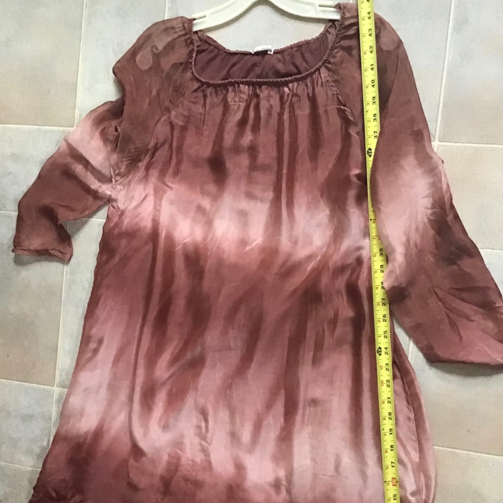 Custom hand made silky tie dye ruffle bottom midi dress long sheer sleeves M/L
